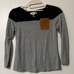 Gray and Black Long Sleeve Top with Brown Pocket